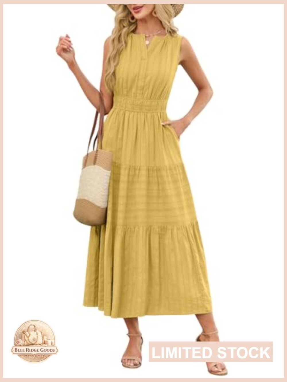 Summer Maxi Dress V Neck Sleeveless Elastic Waist Midi Dress with Pockets - Picture 2 of 7